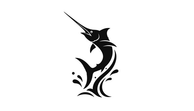 Dramatic black silhouette of a marlin fish leaping energetically out of splashing ocean water is isolated on a white background.