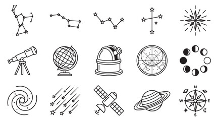 Astronomy and space exploration icons, 15 linear vector elements of constellations and planets, celestial science symbols for education and web design © Rosie