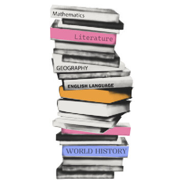 Pop art halftone illustration of tall stack of school textbooks featuring mathematics, literature, geography, English language and world history. Education and learning concept. Vector collage element