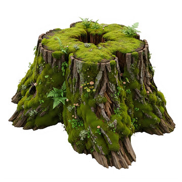 Old mossy tree stump with forest plants on transparent background with tiny mushrooms isolated
