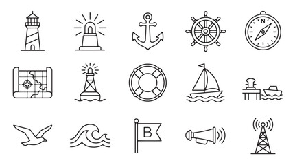 Nautical line icon set, maritime navigation symbols vector collection, 15 sea travel and sailing elements for web design and branding © Rosie