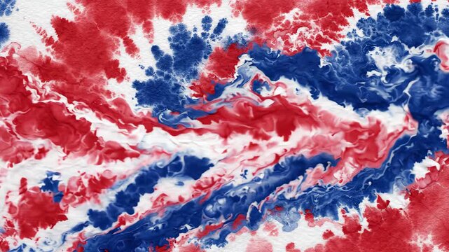 Abstract patriotic tie dye watercolor waves in red white and blue flowing gracefully in a bird eye view background