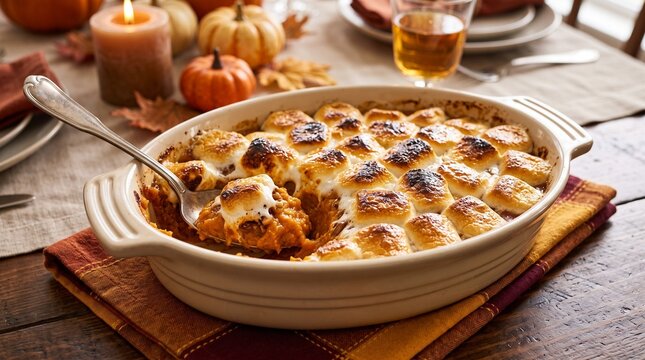 Sweet potato casserole with toasted marshmallows scooped with spoon for Thanksgiving holiday dinner