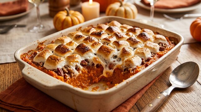 Homemade sweet potato casserole with toasted marshmallows and pecans on a festive Thanksgiving dinner table