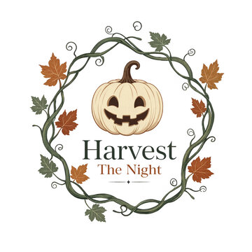 Halloween harvest wreath with smiling jack-o-lantern. Autumn fall decoration featuring carved pumpkin and autumn leaves for seasonal home decor.