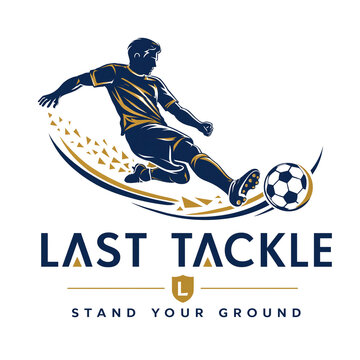 Soccer player executing a last-ditch defensive slide tackle. Aggressive football defender making a crucial game-saving stop on the field.