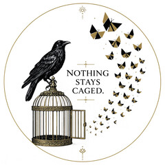 Obraz premium Raven perched on open birdcage with flying butterflies. Symbolic freedom concept illustration with black bird and nature elements.