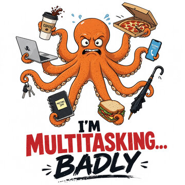 Cartoon octopus struggling to multitask with gadgets and food. Playful illustration of overwhelmed worker juggling tasks and devices.
