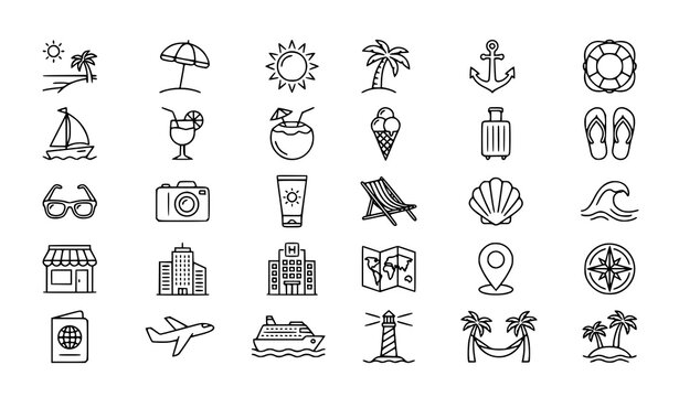 Vacation outline icon set with beach umbrella anchor lifebuoy drinks and travel vector