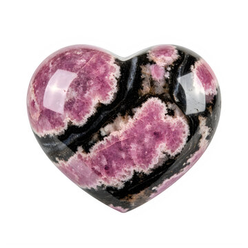 Polished rhodonite gemstone heart shape on transparent background with veins isolated transparent