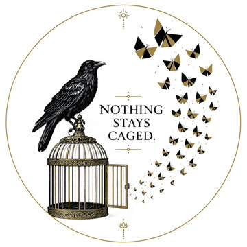 Raven perched on open birdcage with flying butterflies. Symbolic freedom concept illustration with black bird and nature elements.