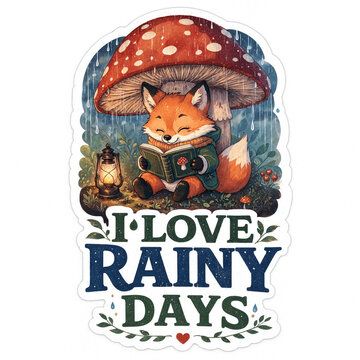 Cute fox under mushroom in rain illustration. Whimsical woodland animal vector art for cozy weather designs.