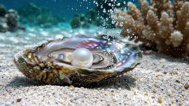 Close-Up Marine Life and Underwater Treasure with a Luminous White Pearl Inside an Open Oyster Shell on the Seabed