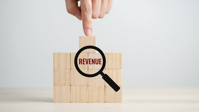 Hand placing a wooden block with the word revenue under a magnifying glass