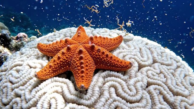 Close-Up Marine Biology and Coral Reef Ecology with a Vibrant Orange Starfish Resting on a Textured Brain Cora