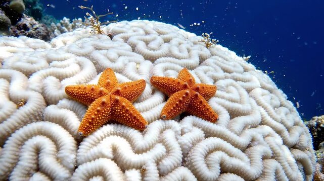 Close-Up Marine Biology and Coral Reef Ecology with a Vibrant Orange Starfish Resting on a Textured Brain Cora