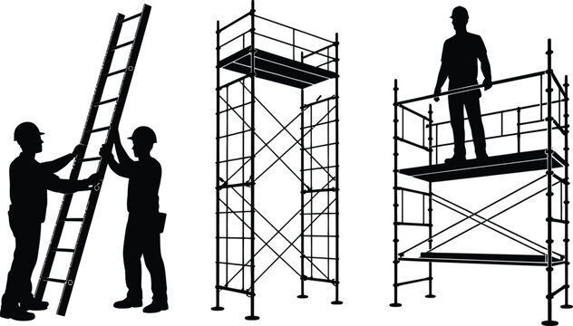 Construction workers with ladder and mobile scaffolding silhouettes isolated on white background, industrial safety vector illustration for engineering projects