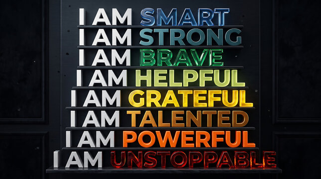 Inspiring empowering affirmations displayed in colorful typography showcasing positive traits and qualities in bold letters on black background