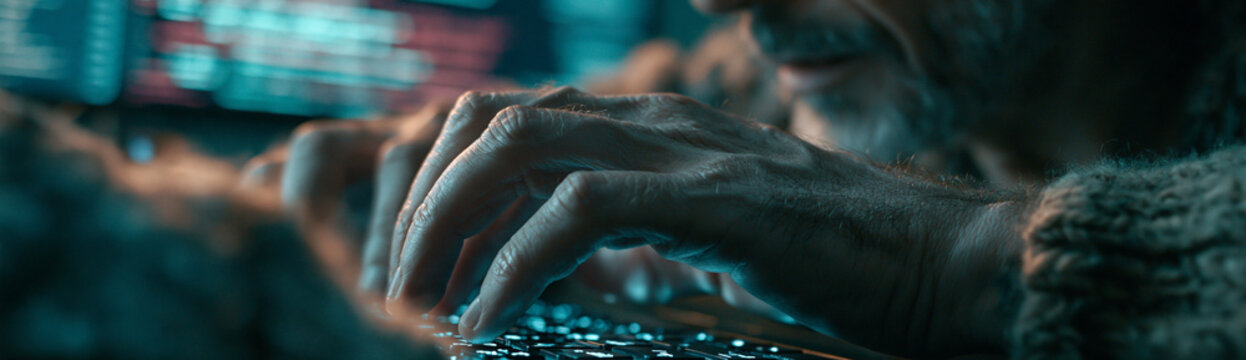A professional working at a desk with multiple monitors, one of which shows a flashing alert about a cyber attack. The office environment is dark and tense, with significant copy space for