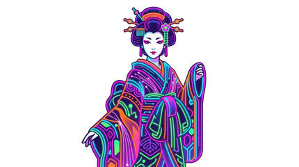 Obraz premium Vibrant Neon Geisha Portrait, Digital Art, Japanese Culture, Retro Futurism