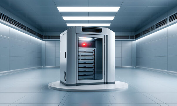 A corporate server room under a blue hue, with one server rack showing a red alert light, symbolizing a detected cyber attack. The scene provides ample copy space for cybersecurity messages.