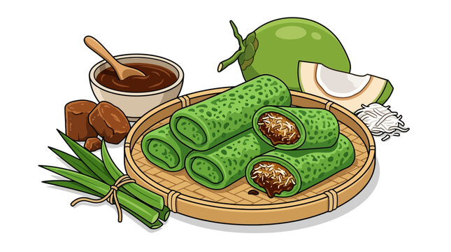 Kue Dadar Gulung: Green Coconut Crepes with Palm Sugar Filling, Tropical Dessert Illustration