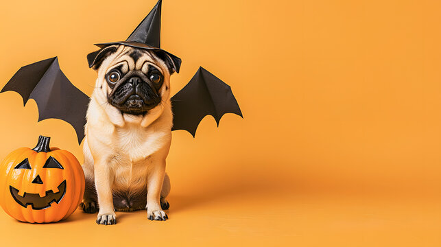 Cute pug dog in a witch hat and bat wings near a pumpkin on an orange studio background