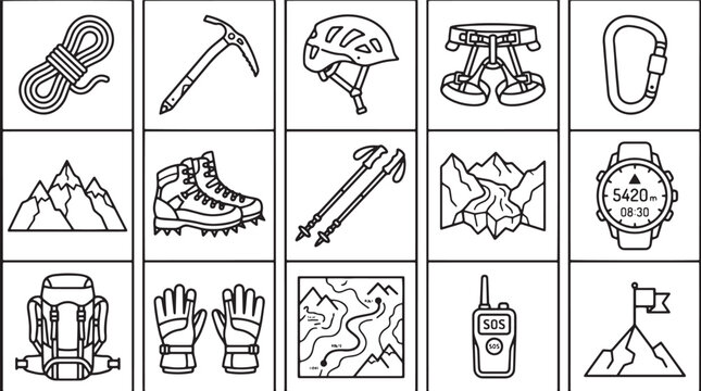 Mountain climbing gear icons set, 15 mountaineering equipment line art vectors, hiking and rock climbing tools for outdoor adventure