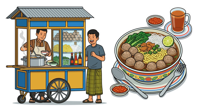 Indonesian Bakso Food Stall and Delicious Meatball Soup Dish