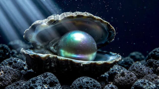 Close-Up Deep Ocean Luxury with a Mystical Black Tahitian Pearl Nestled in a Dark Textured Clam Shell