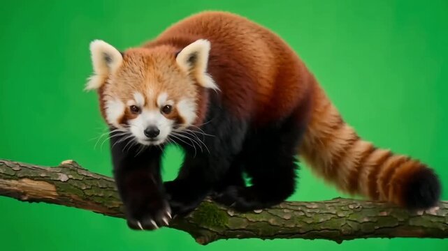 Red panda walking on a tree branch. Endangered Himalayan mammal exploring forest habitat in vibrant green foliage.