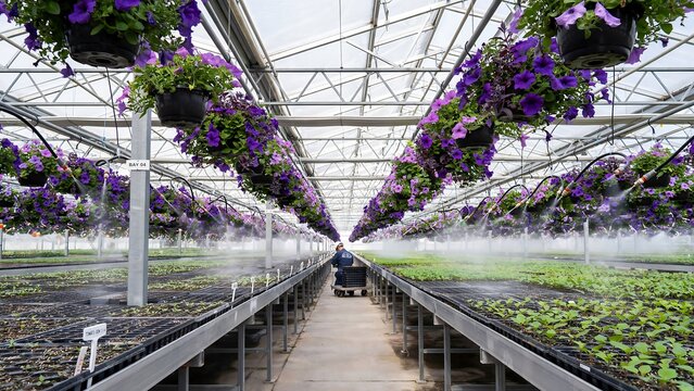 Rows of hanging plants growing inside a modern industrial greenhouse