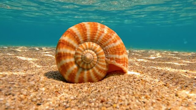 Close-Up Conceptual Sea Treasure with a Golden-Ratio Nautilus Shell Resting on Rippled Ocean Sand