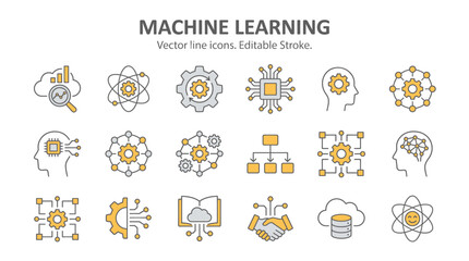 Fototapeta premium Set of thin line icons for machine learning and artificial intelligence technology concepts with yellow accents