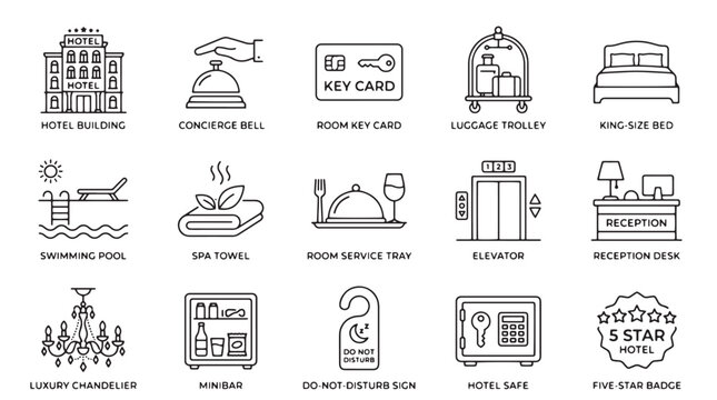 Hotel and hospitality line icon set, 15 luxury travel service vector elements, professional resort amenities and accommodation symbols