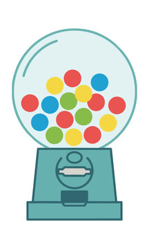 Minimalist retro gumball machine icon with a glass globe filled with colorful candy isolated on white background, sweet treat concept