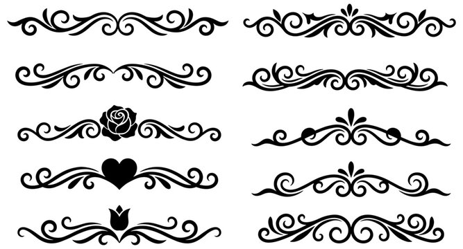 Collection of decorative black flourishes and ornate borders with floral and heart motifs scroll