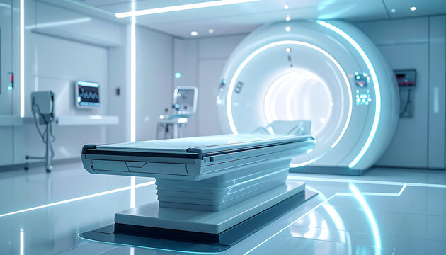 Futuristic Medical Imaging Room with Advanced Scanner and Patient Table.