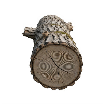 Textured wooden log with visible growth rings on transparent background with single cylindrical log