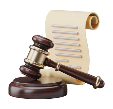 Isolated 3D Courtroom Gavel and Law Scroll for Attorney Services and Legal Compliance