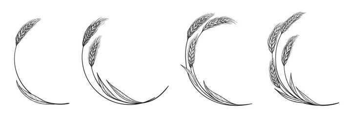 Wheat ear wreath icon set. Cereal grain spikelet, stalk and laurel branch or frame symbols for bakery, bread, packaging label and badge design. Agriculture heraldry emblem. Vector illustration © neliakott