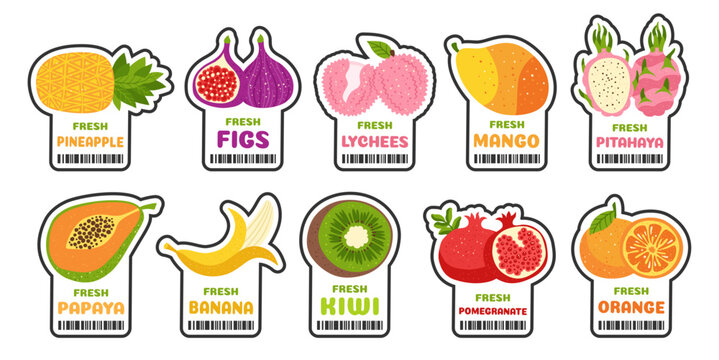 Food fruit label and sticker set. Cartoon organic berry badges with fresh natural tag for supermarket and farm shop. Trendy retro patches and stickers. Flat vector illustration emblem bio collection