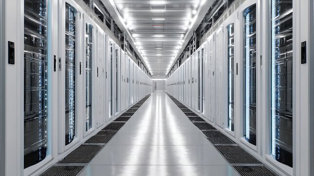Symmetrical corridor of a modern high-tech data center server room.