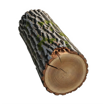 Textured timber log with mossy bark on transparent background