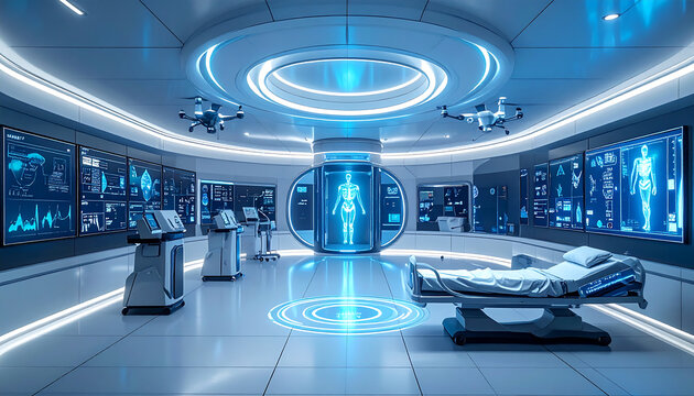 Futuristic Medical Research Lab with Holographic Human Body Display.