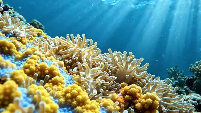 Close-Up Abstract Marine Nature with Vibrant Orange Fire Coral Polyps Catching Sunbeams