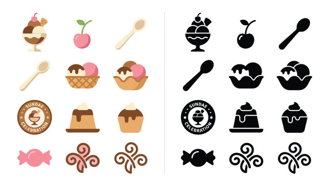 Collection of colorful and black and white icons representing desserts, ice cream, candy, and spoons, perfect for culinary themes.