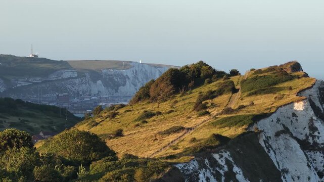 Sunny evening light over the white chalk cliffs of Dover in England