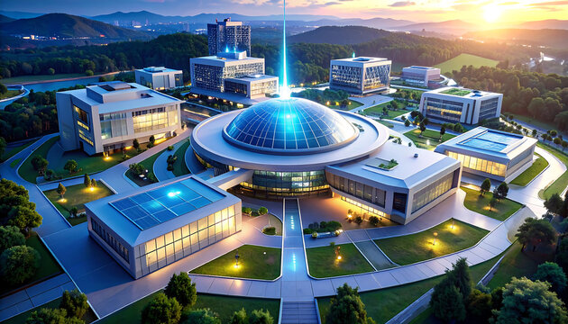 Futuristic Research Campus with Sleek Buildings and Central Energy Light.
