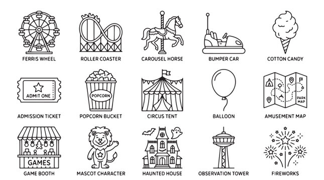 Amusement park icon set with 15 line art elements, carnival fair attractions and circus symbols, black and white vector graphics